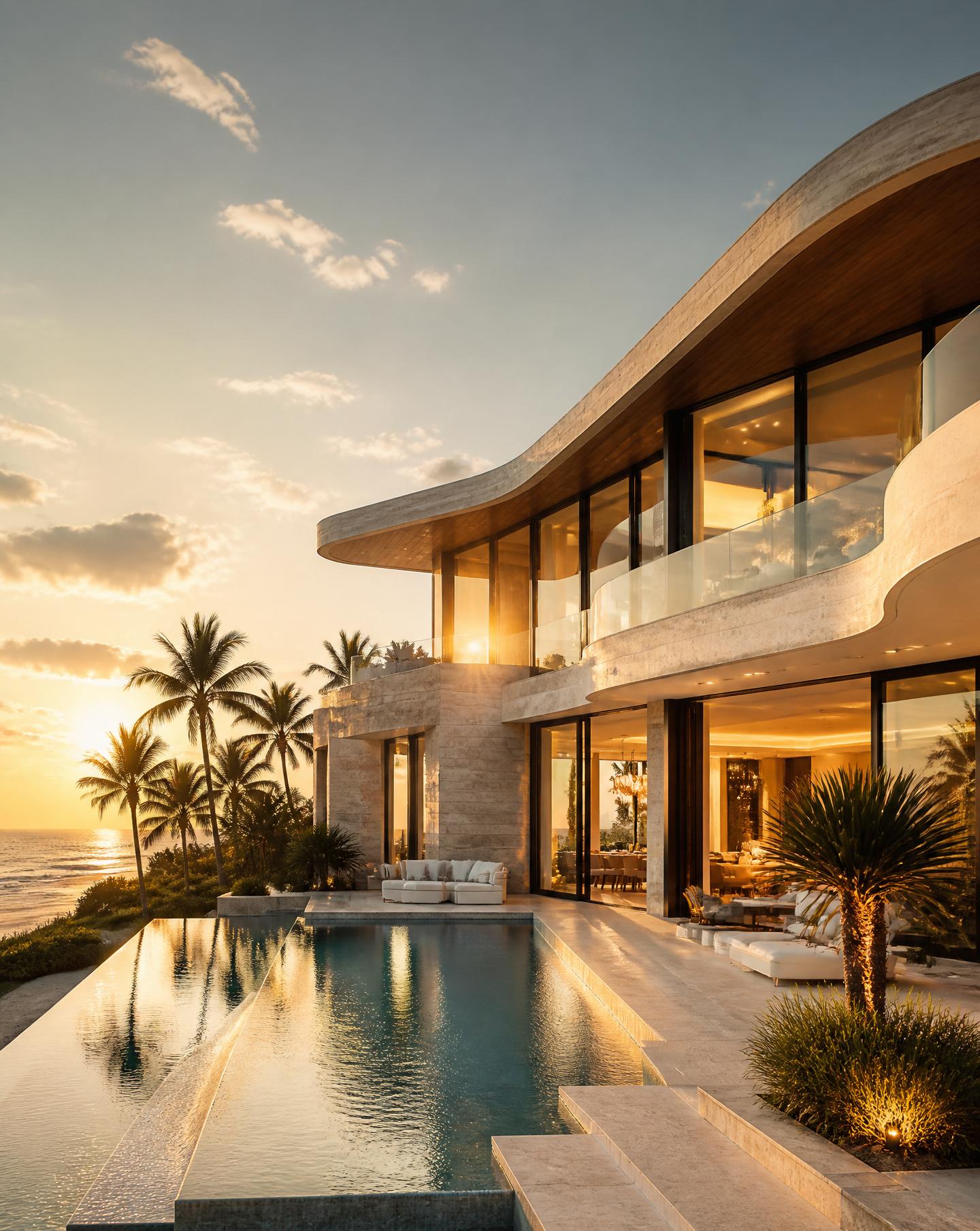 Architectural luxury Gold Coast waterfront residence at golden hour.